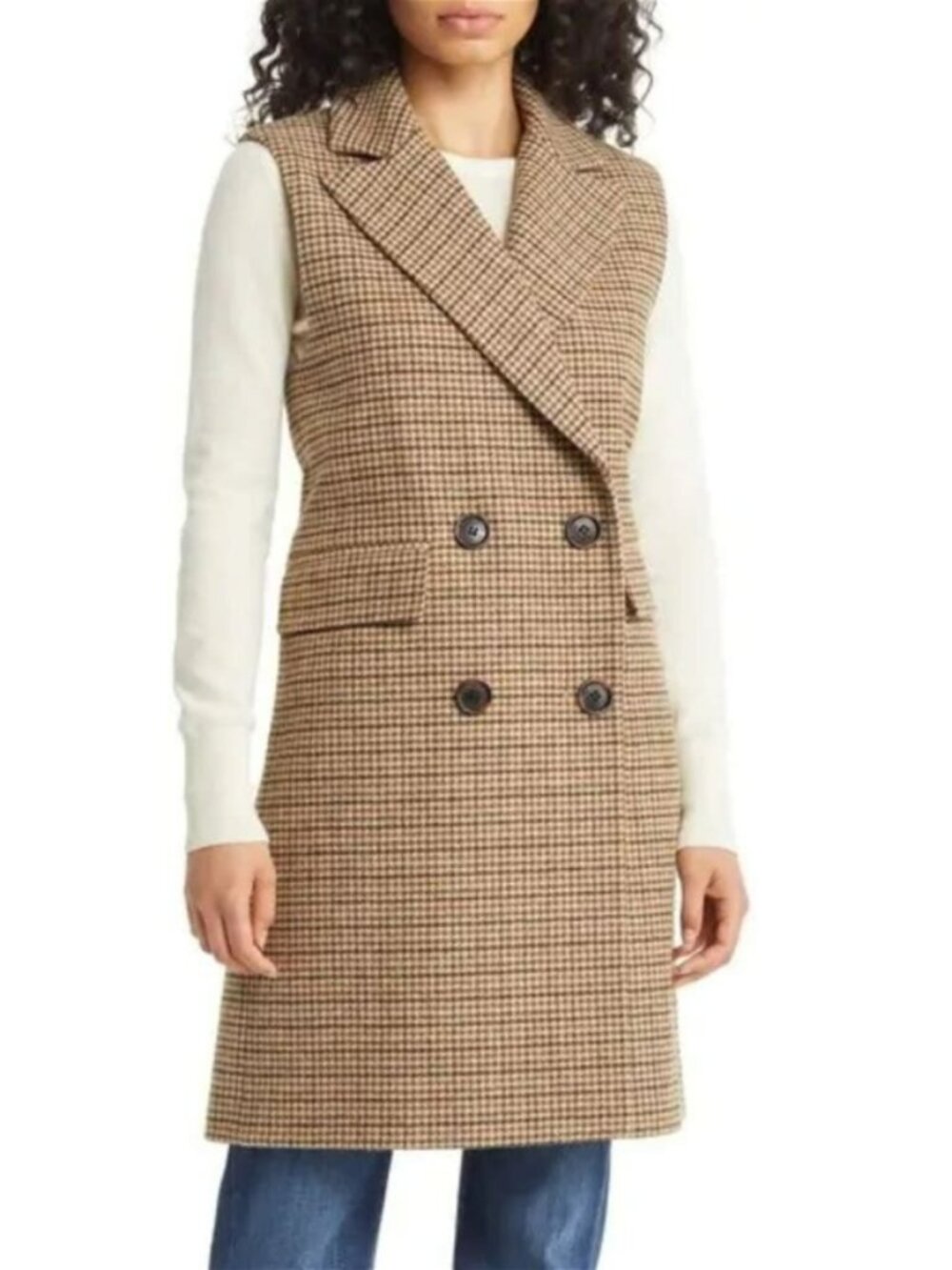 Sam Edelman Plaid Check Double Breasted Wool Camel Houndstooth Long Vest.  SZ L